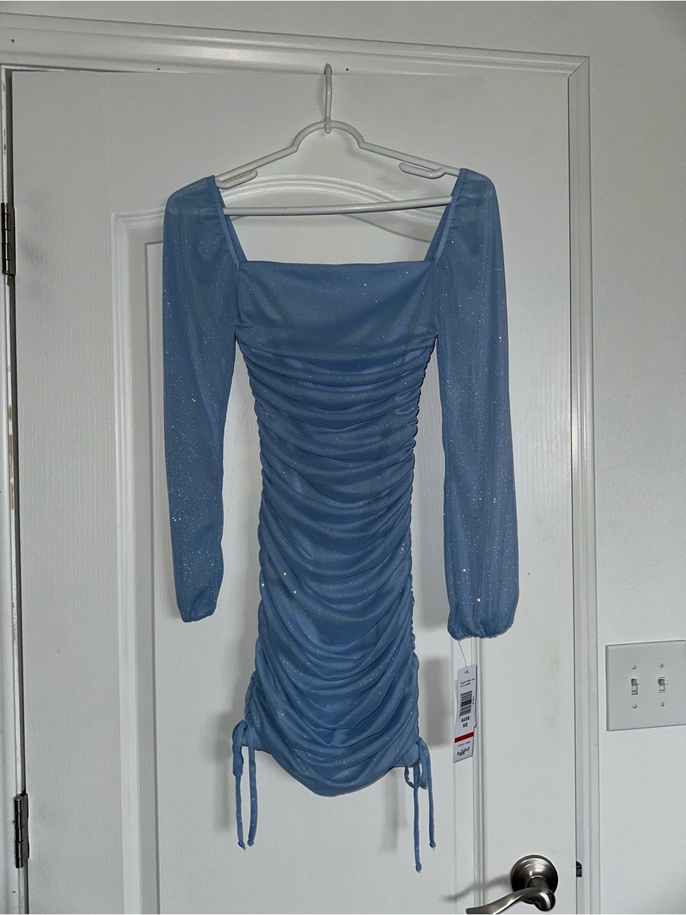 Light Blue Ruched Square-Neck Mini Dress - Picture 3 of 6